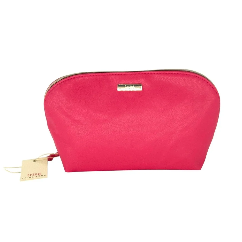 Trina Turk Pink Cosmetic Makeup Bag Case Pouch Faux Leather Travel Organizer New